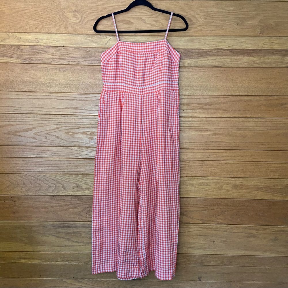 J.Crew gingham linen orange and blue jumpsuit